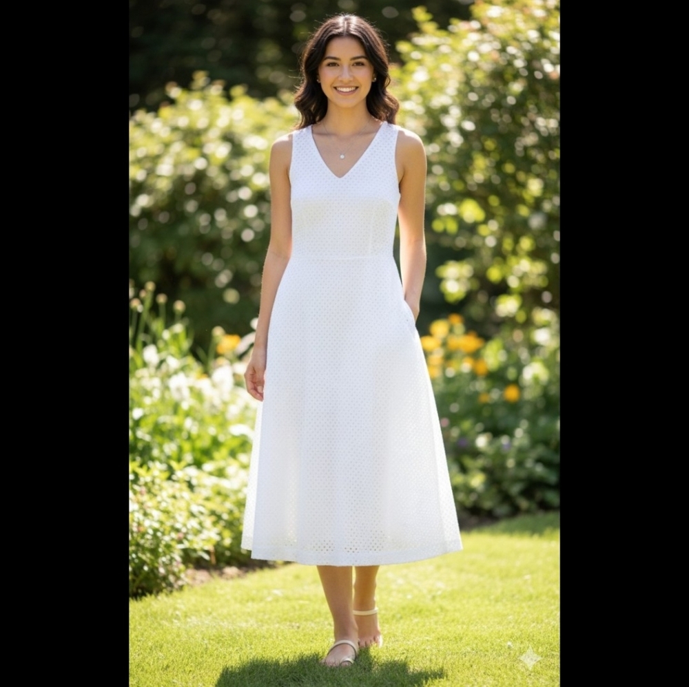 Banana Republic NWT Midi Dress Cotton Eyelet White Petite 00 BRAND NEW